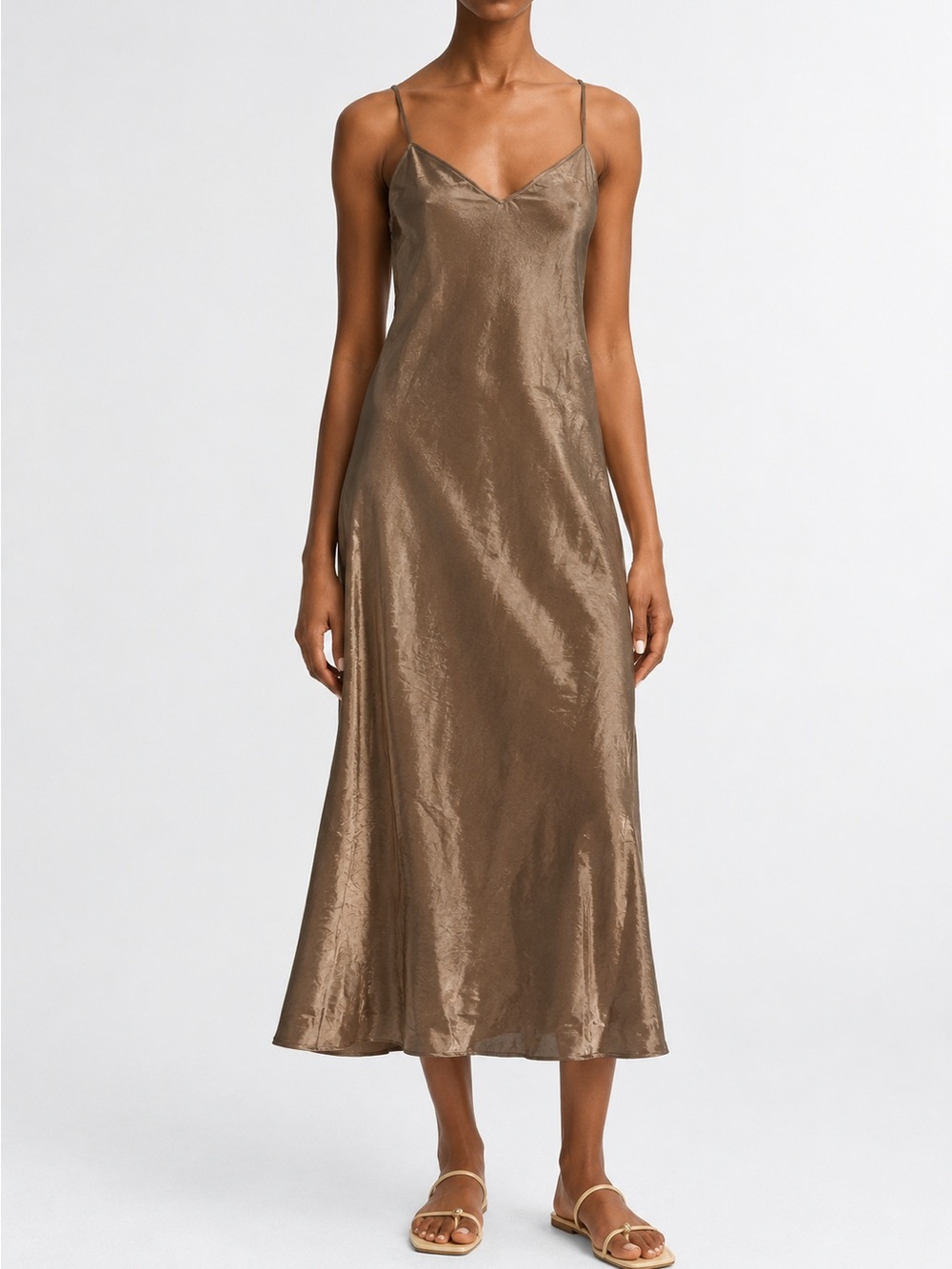 Vince Medium Brown Satin V Neck Fall Casual Midi Slip Dress